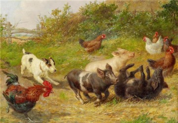 perro cerdos gallina y gallo Pinturas al óleo